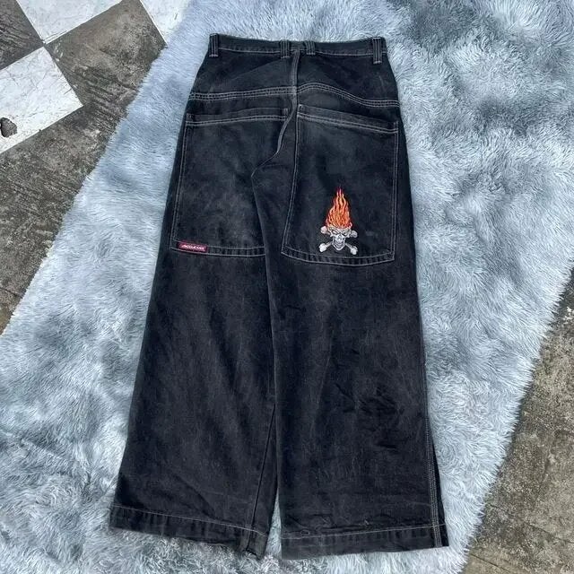 Cross-border E-commerce Loose Jeans Hip-hop Rock Print 2024 New Fashion Harajuku Loose Wide Leg Jeans Trendy Nzk126 black 