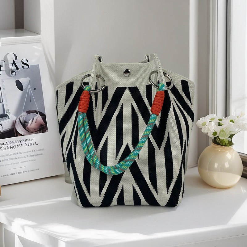 Vintage Houndstooth Wool Woven Shoulder Bag All-Match Casual Bag Knitted Tote Bag Handbag - Image 1