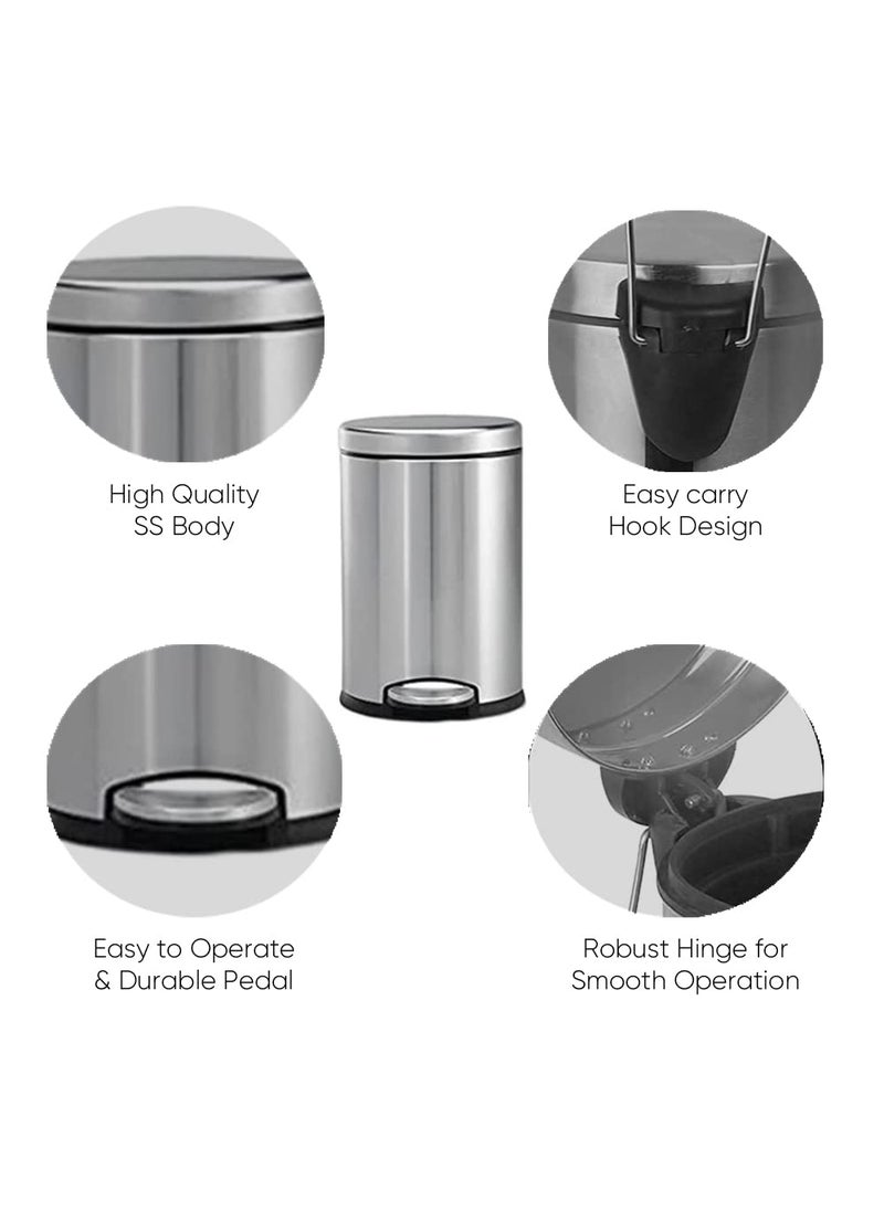 PackPro Packpro Stainless Steel Pedal Dustbin with Lid Small Compact Space Saver SS Trash Can for Office Home Kitchen Room washroom bathroom 7 Ltr  - Image 3