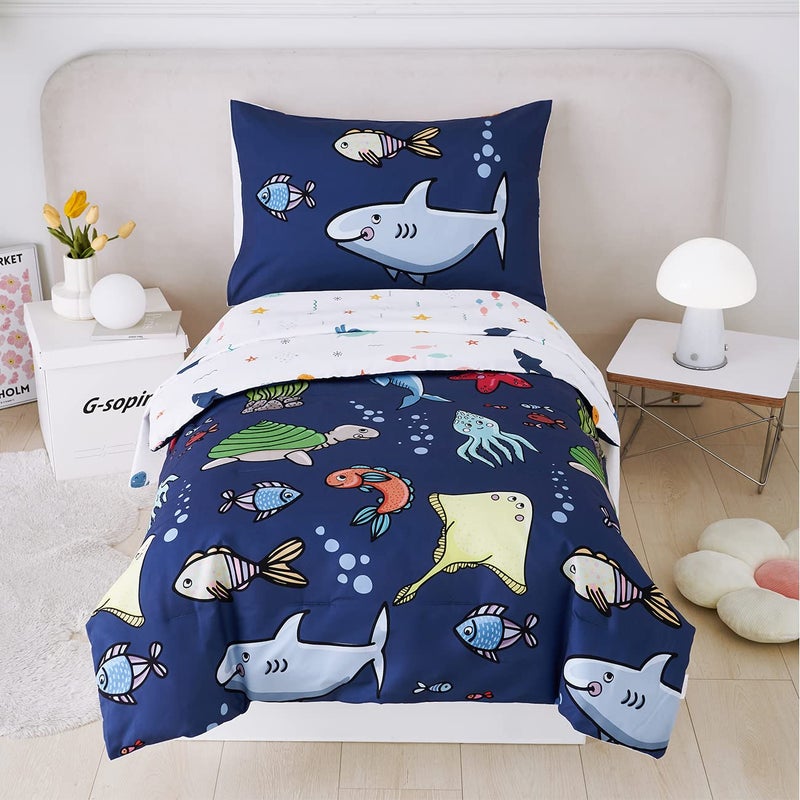 PERFEMET PERFEMET 4 Pieces Twin Bed in A Bag Navy Blue Ocean Animal Themed Kids Comforter Set for Boys Girls Soft Reversible Marine Life Bed Set with Kids SheetsNavy Blue SharksDolphinsFish 