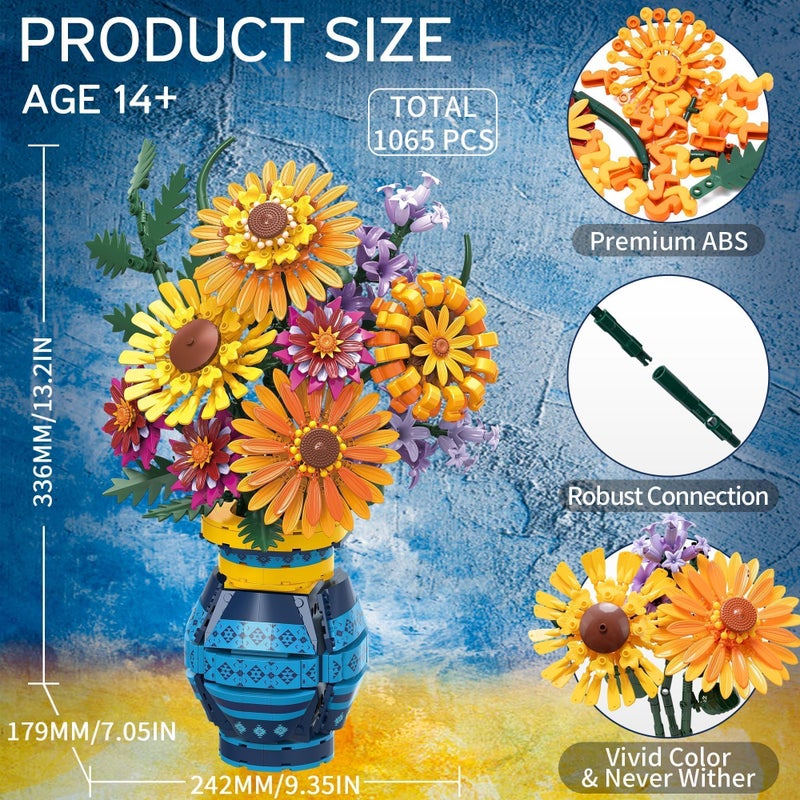 Qinline Sunflower Bouquet Building Blocks w/ Vase Set, 1065 PCS Botanical Collection, Birthday Gifts for Mom Women Grandma Adult Her Mother's Day, Artificial Flower Home Decor Stocking Stuffers for Teen Girls - Image 5