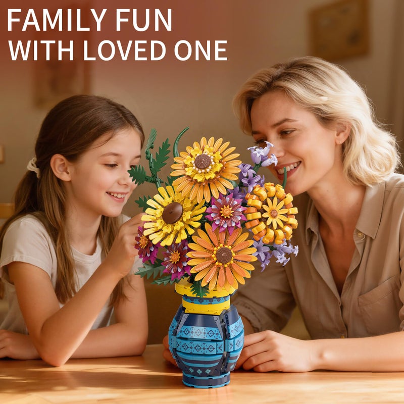 Qinline Sunflower Bouquet Building Blocks w/ Vase Set, 1065 PCS Botanical Collection, Birthday Gifts for Mom Women Grandma Adult Her Mother's Day, Artificial Flower Home Decor Stocking Stuffers for Teen Girls - Image 3