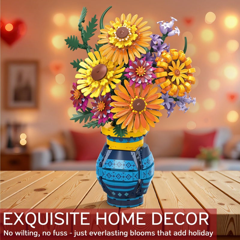 Qinline Sunflower Bouquet Building Blocks w/ Vase Set, 1065 PCS Botanical Collection, Birthday Gifts for Mom Women Grandma Adult Her Mother's Day, Artificial Flower Home Decor Stocking Stuffers for Teen Girls - Image 2