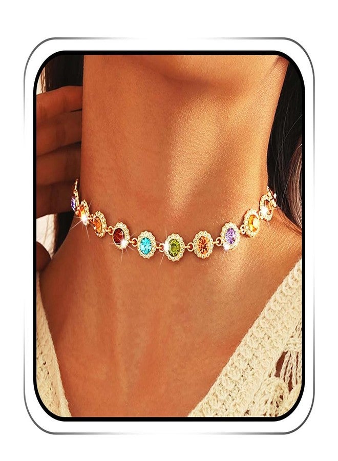 ACEDRE Colorful Gold Rhinestone Choker Necklace Multicolor Crystal Gem Costume Jewelry for Women - Image 1
