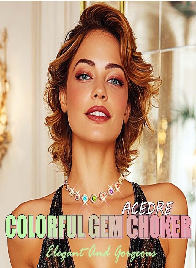 ACEDRE Colorful Gold Rhinestone Choker Necklace Multicolor Crystal Gem Costume Jewelry for Women - Image 3