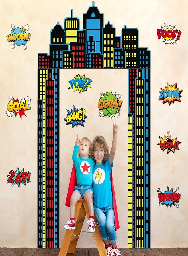 Oitnlaughter 13Pcs Hero Themed Party Decorations Super Themed Hero Porch Banner with Paper Cardboard Skyscraper Porch Sign Hanging Banner Backdrop for Comic Theme Birthday Baby Shower Photo Booth Prop Supplies - Image 4