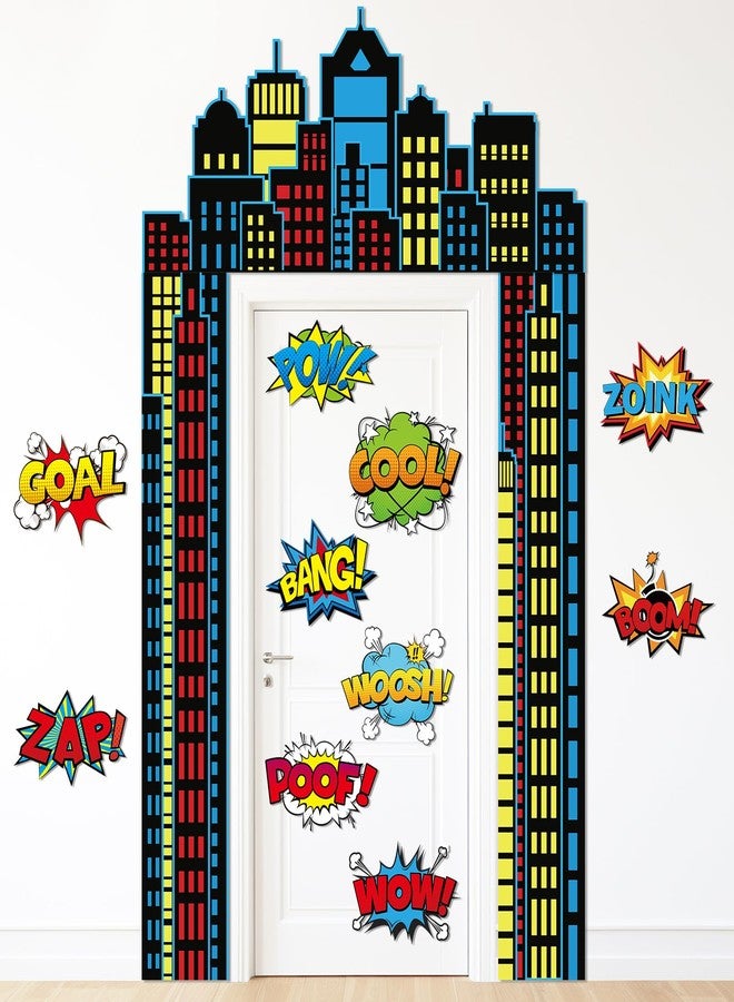 Oitnlaughter 13Pcs Hero Themed Party Decorations Super Themed Hero Porch Banner with Paper Cardboard Skyscraper Porch Sign Hanging Banner Backdrop for Comic Theme Birthday Baby Shower Photo Booth Prop Supplies - Image 1