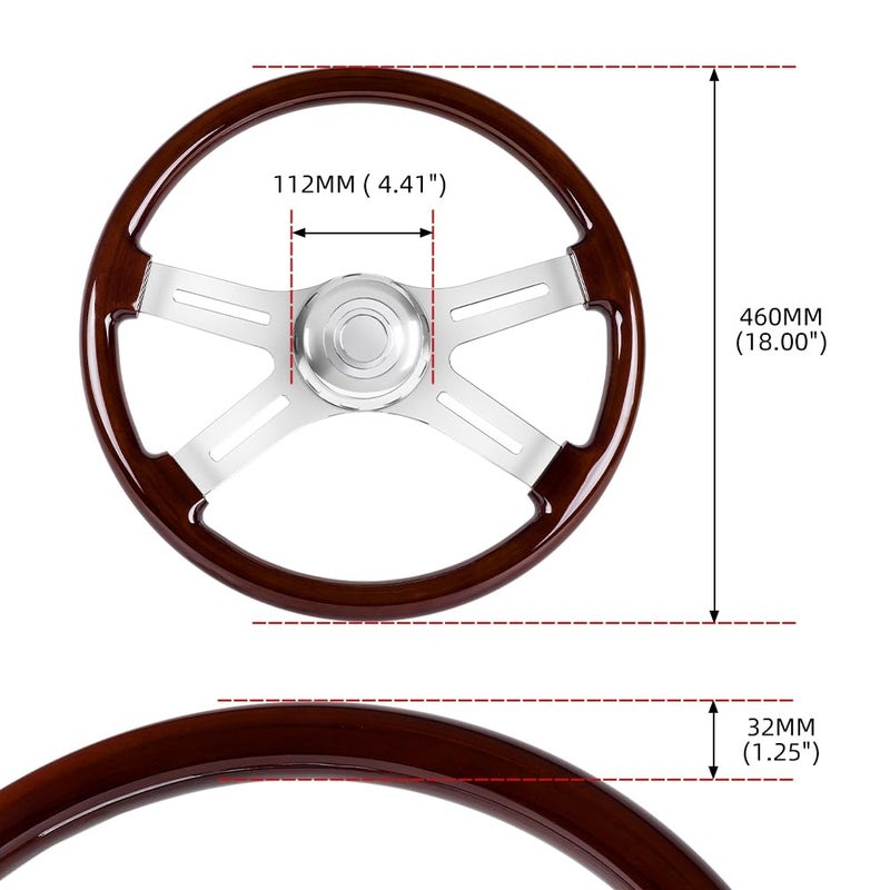 RASTP 18" Wood Truck Steering Wheelï¼Œ4 Spoke Aluminum Classic Wood Steering Wheel For Kenworth, Peterbilt, Volvo,Freightliner(Style A) - Image 5