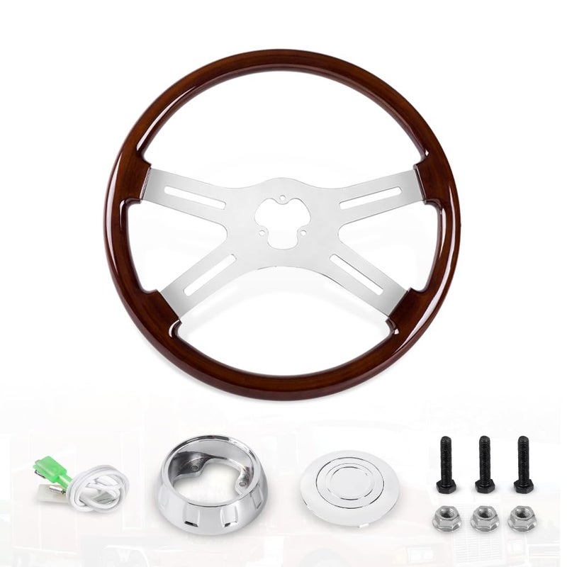 RASTP 18" Wood Truck Steering Wheelï¼Œ4 Spoke Aluminum Classic Wood Steering Wheel For Kenworth, Peterbilt, Volvo,Freightliner(Style A) - Image 2