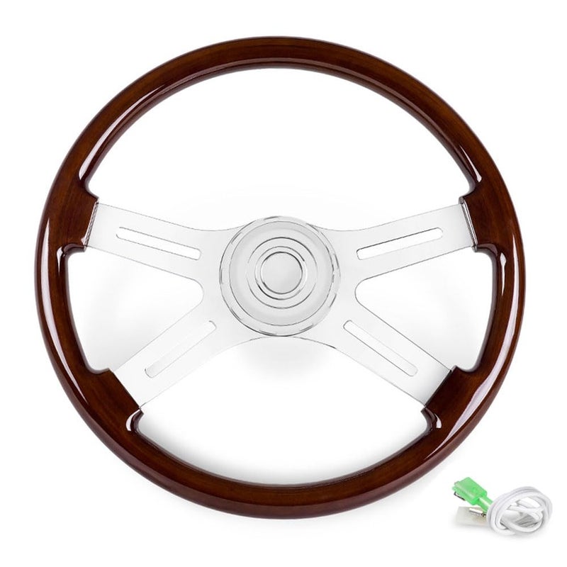 RASTP 18" Wood Truck Steering Wheelï¼Œ4 Spoke Aluminum Classic Wood Steering Wheel For Kenworth, Peterbilt, Volvo,Freightliner(Style A) - Image 1