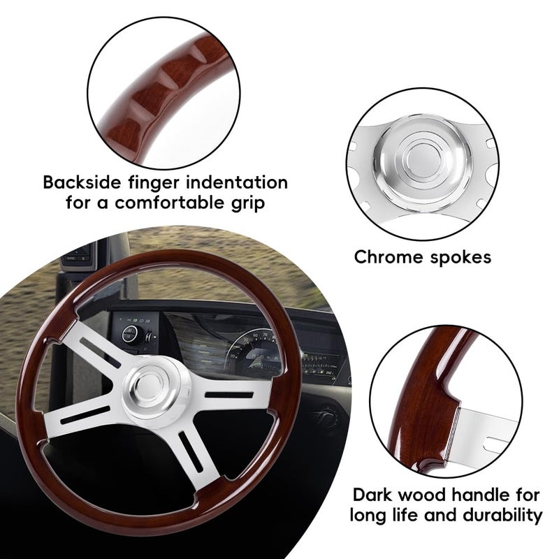 RASTP 18" Wood Truck Steering Wheelï¼Œ4 Spoke Aluminum Classic Wood Steering Wheel For Kenworth, Peterbilt, Volvo,Freightliner(Style A) - Image 3