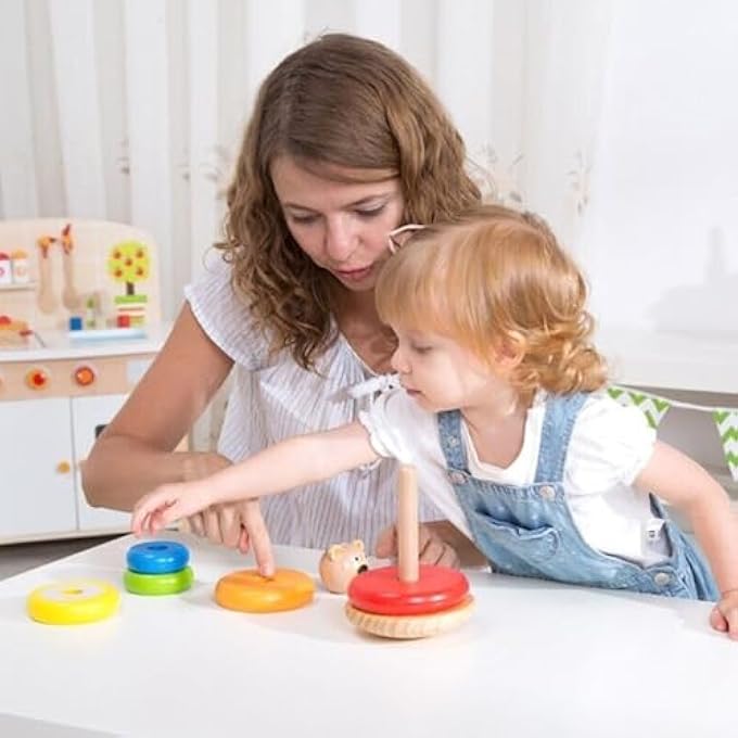 TOOKYTOY WOODEN BEAR STACKING TOWER, PASTEL RAINBOW COLORS, EDUCATIONAL RING TOY FOR TODDLERS 12+ MONTHS, 7 PIECES - Image 3