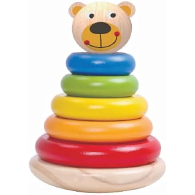 TOOKYTOY WOODEN BEAR STACKING TOWER, PASTEL RAINBOW COLORS, EDUCATIONAL RING TOY FOR TODDLERS 12+ MONTHS, 7 PIECES - Image 1