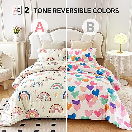 Btargot Lightweight Soft 3 Piece Rainbow Comforter Set with 2 Pillow Covers, Cartoon Love Hearts Flowers and Grass Bedding Set for Girls Boys Kids, Full Multi-Color - Image 2