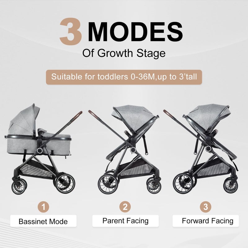 SIMPLGIRL 2-in-1 Baby Stroller with Bassinet Mode - Folding Infant Newborn Pram with Reversible Seat - for 0-36 Months Toddler Grey - Image 2