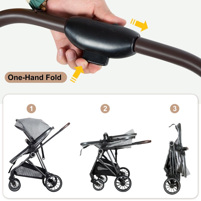 SIMPLGIRL 2-in-1 Baby Stroller with Bassinet Mode - Folding Infant Newborn Pram with Reversible Seat - for 0-36 Months Toddler Grey - Image 4