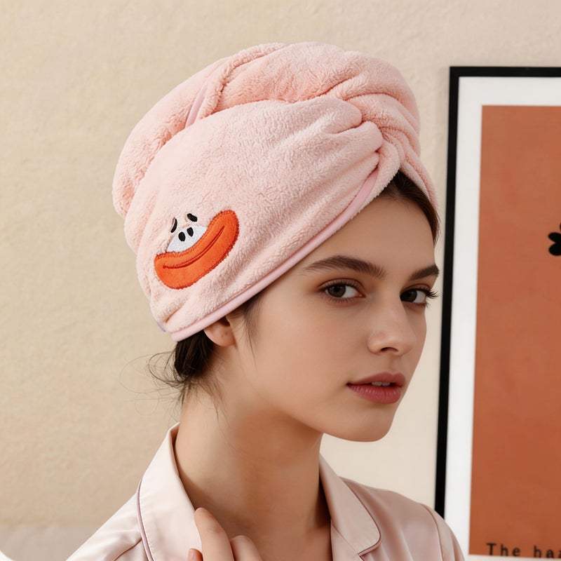 2 Pack Coral Hair Drying Cap Set 65x25cm Unisex Cotton Terry Quick Dry Absorbent Soft Skin Friendly Cute Embroidered Towel Wrap For Long Short Hair Yellow And Coffee Color - Image 1