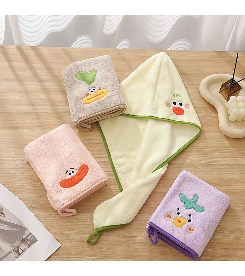2 Pack Coral Hair Drying Cap Set 65x25cm Unisex Cotton Terry Quick Dry Absorbent Soft Skin Friendly Cute Embroidered Towel Wrap For Long Short Hair Yellow And Coffee Color - Image 2