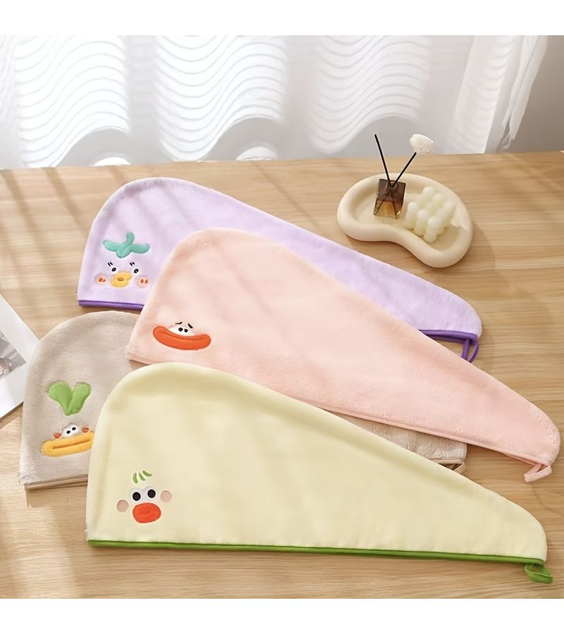 2 Pack Coral Hair Drying Cap Set 65x25cm Unisex Cotton Terry Quick Dry Absorbent Soft Skin Friendly Cute Embroidered Towel Wrap For Long Short Hair Yellow And Coffee Color - Image 5