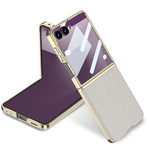 Midkart Leather Case Compatible with Samsung Galaxy Z Flip 7 Release 2025 Electroplated Hard PC Lightweight with Independent Camera Protection Cover, Beige - Image 1