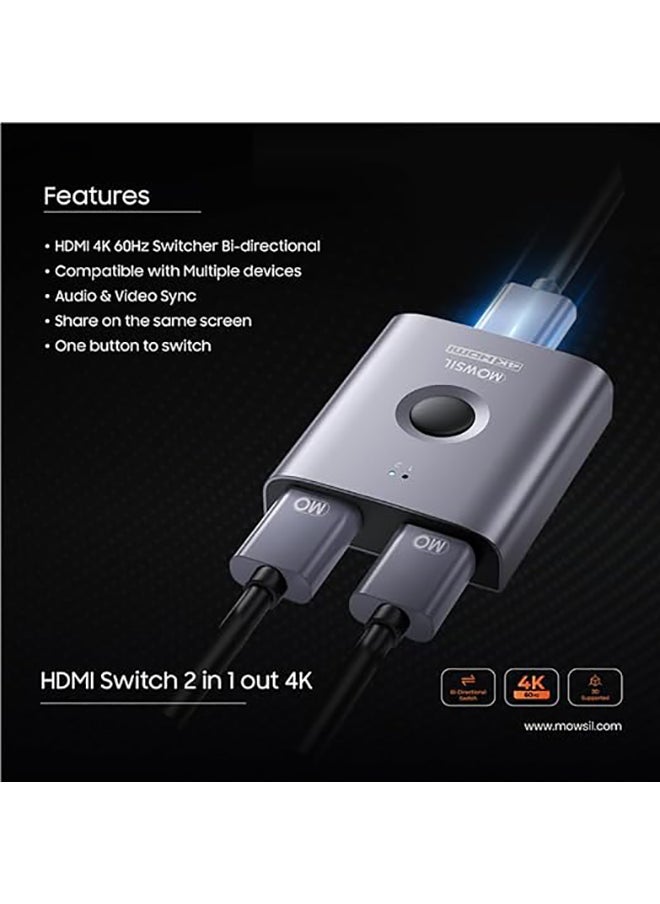 MOWSIL HDMI Switch 4K@60Hz HDMI Splitter 1 in 2 Out HDMI 2.0 Switcher 2 in 1,Bidirectional Aluminum HDMI Box Switch, Support 4K 3D HDR HDCP 2.2 for Xbox PS5/4/3 Fire Stick Roku HDTV  - Image 2