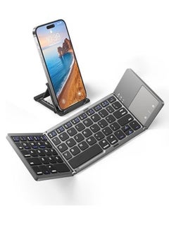 Foldable Bluetooth Keyboard with Touchpad - Portable Wireless Keyboard with Stand Holder, Rechargeable Full Size Ultra Slim Pocket Folding Keyboard for Android, Windows, iOS Tablet & Laptop - Gray