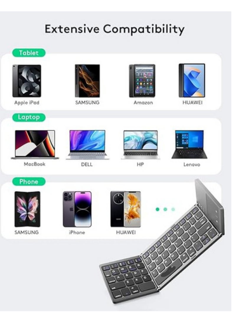 Generic - Foldable Bluetooth Keyboard with Touchpad - Portable Wireless Keyboard with Stand Holder, Rechargeable Full Size Ultra Slim Pocket Folding Keyboard for Android, Windows, iOS Tablet & Laptop - Gray - Image 1