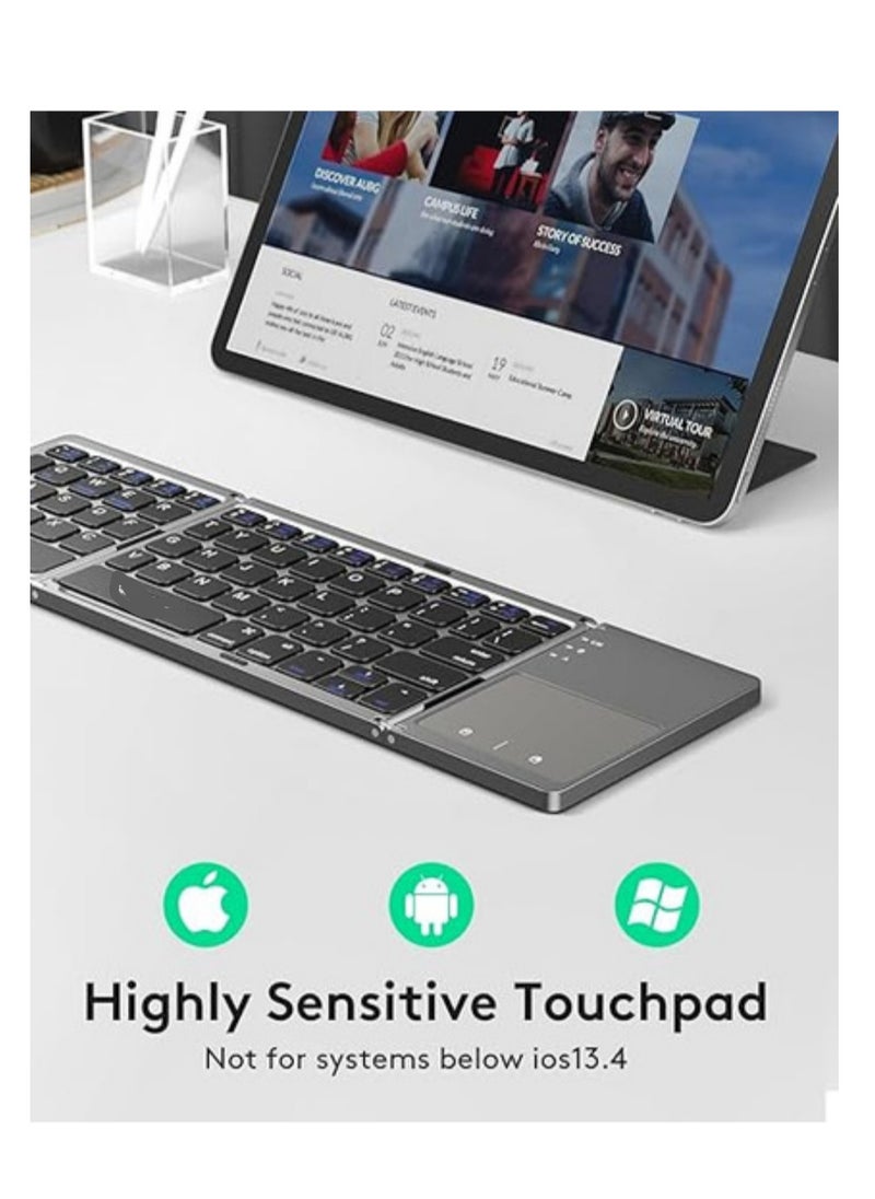 Generic - Foldable Bluetooth Keyboard with Touchpad - Portable Wireless Keyboard with Stand Holder, Rechargeable Full Size Ultra Slim Pocket Folding Keyboard for Android, Windows, iOS Tablet & Laptop - Gray - Image 1
