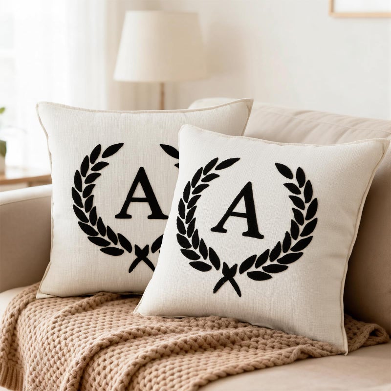 PYXC Pack of 2 Chenille Pillowcases 18x18 Inch Bohemian Farmhouse Neutral Personalized First Letter Pillowcase Soft Sofa Bedrooms Living Room Home Decoration Cream White (A, 18" x 18" (Pack of 2)) - Image 1
