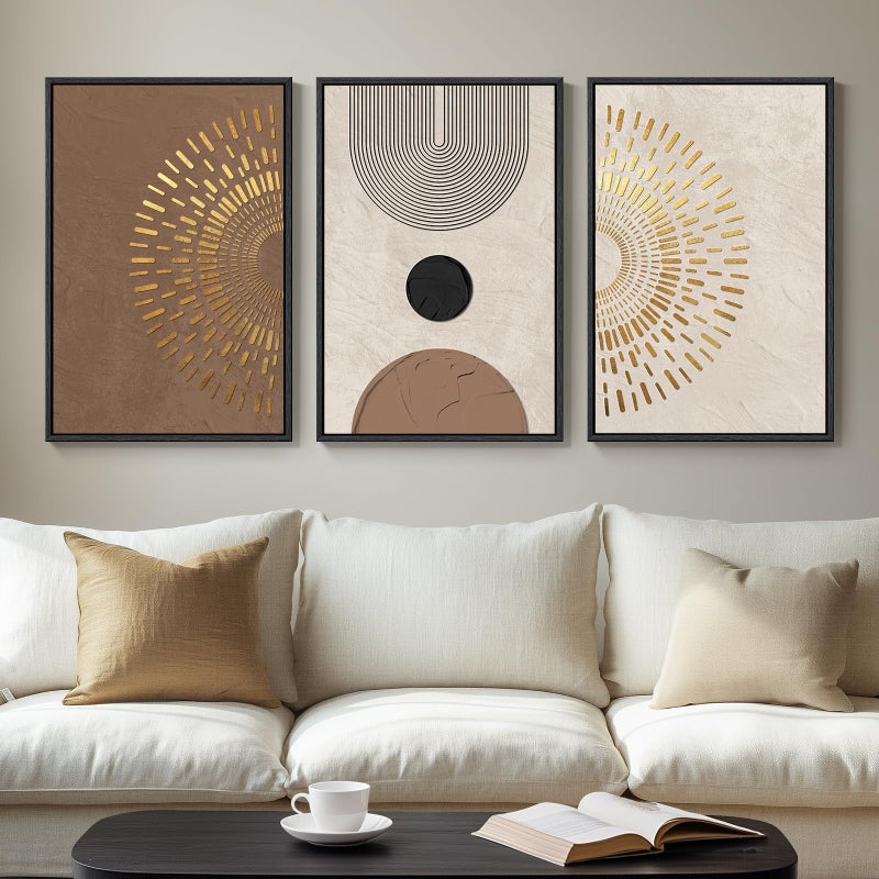 فن الجدران الإطار البوهيمي المحايد التجريدي 3 قطع مطبوعات قماشية لوحات فنية للجدران كبيرة بسيطة بني بيج ذهبي صور هندسية لغرفة المعيشة الممر غرفة النوم مكتب ديكور الجدران 16x24