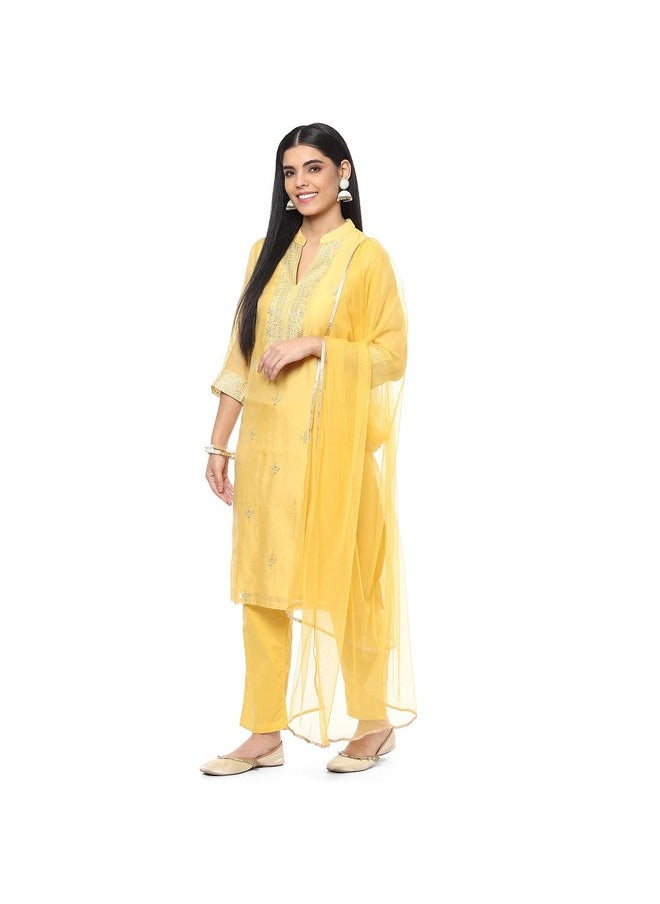 Biba - BIBA Women Polyester Blend Embroidery Salwar Kurta Dupatta(Skdassorted8491_Yellow_32) - Image 1