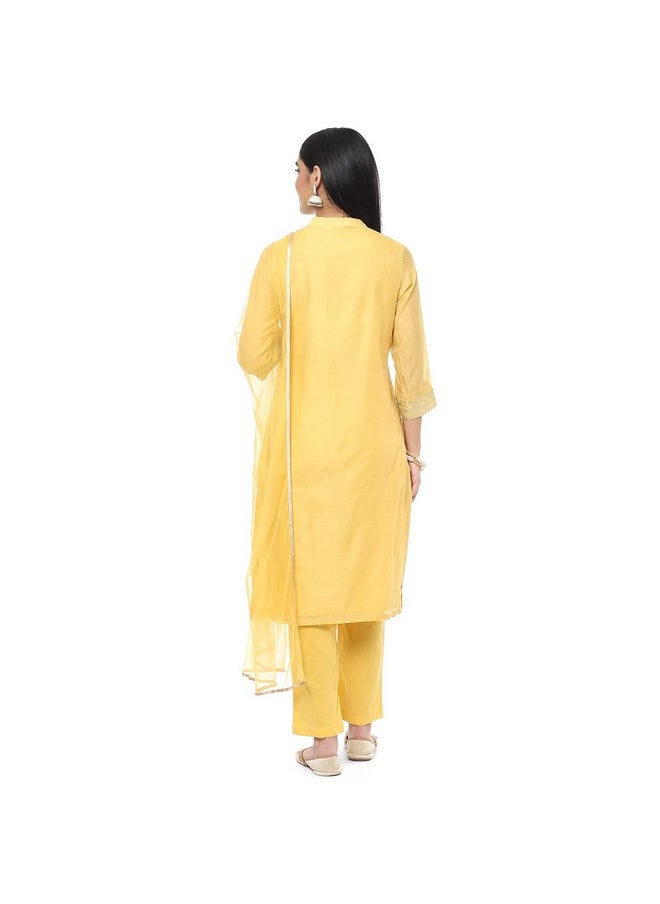 Biba - BIBA Women Polyester Blend Embroidery Salwar Kurta Dupatta(Skdassorted8491_Yellow_32) - Image 1