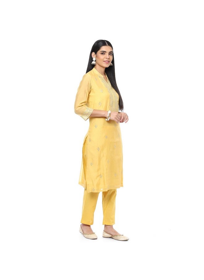 Biba - BIBA Women Polyester Blend Embroidery Salwar Kurta Dupatta(Skdassorted8491_Yellow_32) - Image 1