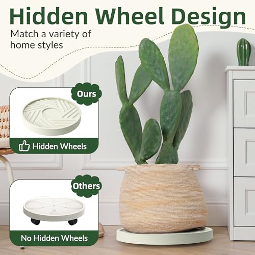 REDHUGO 2PCS Round Plant Caddy with Hidden Wheels, Heavy Duty Rolling Plant Stand Caddy with Wheels, Pot Base for Indoor Outdoor, Beige, 10 inches - Image 5