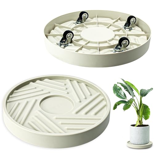 REDHUGO 2PCS Round Plant Caddy with Hidden Wheels, Heavy Duty Rolling Plant Stand Caddy with Wheels, Pot Base for Indoor Outdoor, Beige, 10 inches - Image 1