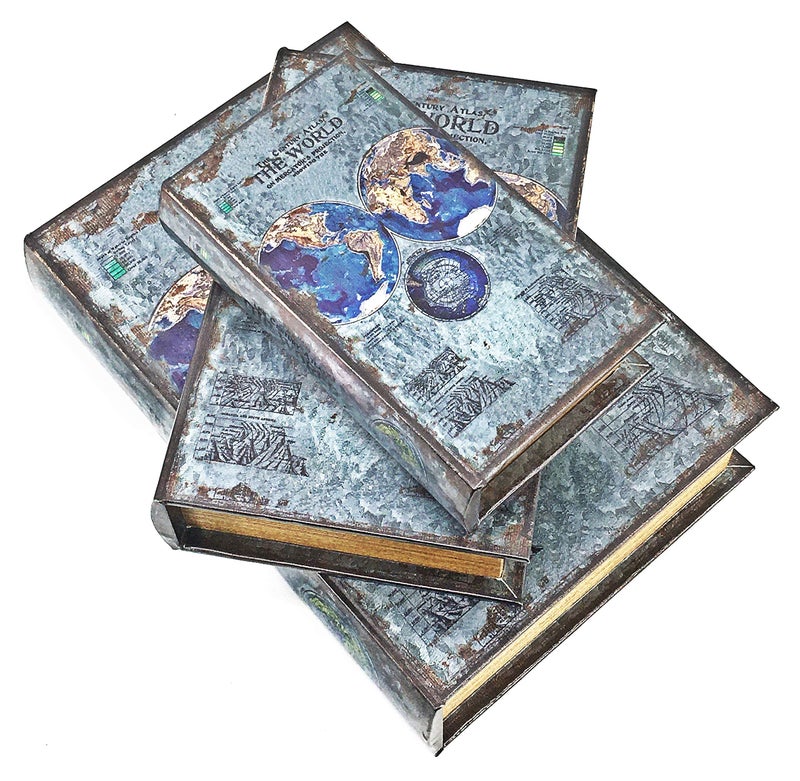 Bellaa 25952 Decorative Book Box Gift Set of 3 Vintage Hidden Invisible Secret Storage Heavy Bookends Bookshelves Support End Magnetic Cover Stash Designed Wood Flux Leather Silver Foil - Image 4