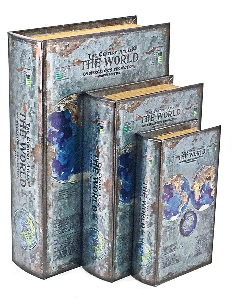 Bellaa 25952 Decorative Book Box Gift Set of 3 Vintage Hidden Invisible Secret Storage Heavy Bookends Bookshelves Support End Magnetic Cover Stash Designed Wood Flux Leather Silver Foil - Image 2