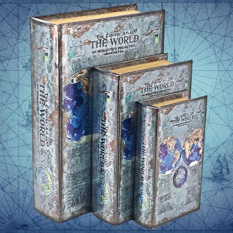 Bellaa 25952 Decorative Book Box Gift Set of 3 Vintage Hidden Invisible Secret Storage Heavy Bookends Bookshelves Support End Magnetic Cover Stash Designed Wood Flux Leather Silver Foil - Image 1