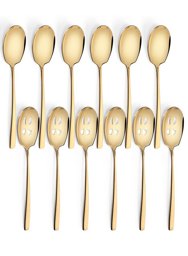 Kannei tec Large Serving Spoons Set 9.14 Inch Slotted Spoon x 6 Serving Spoon x 6 Stainless Steel Big Serving Utensils for Buffet Parties Catering Dishwasher Safe(Set of 12, Gold) - Image 1