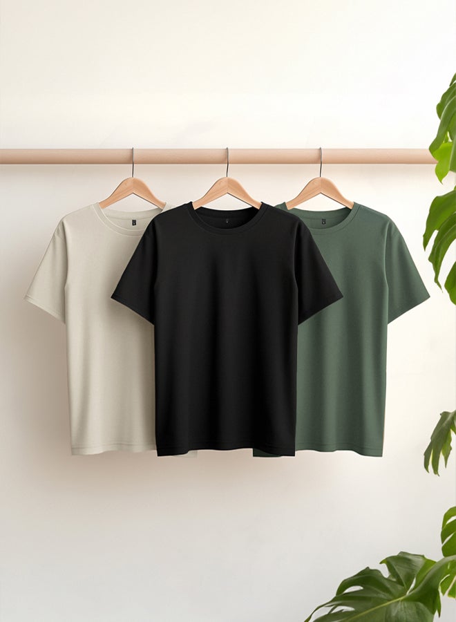 trendyol Black-Stone-Dark Green Basic Slim/Slim Fit 100% Cotton 3-Pack T-Shirt TMNSS19BO0007 - Image 1