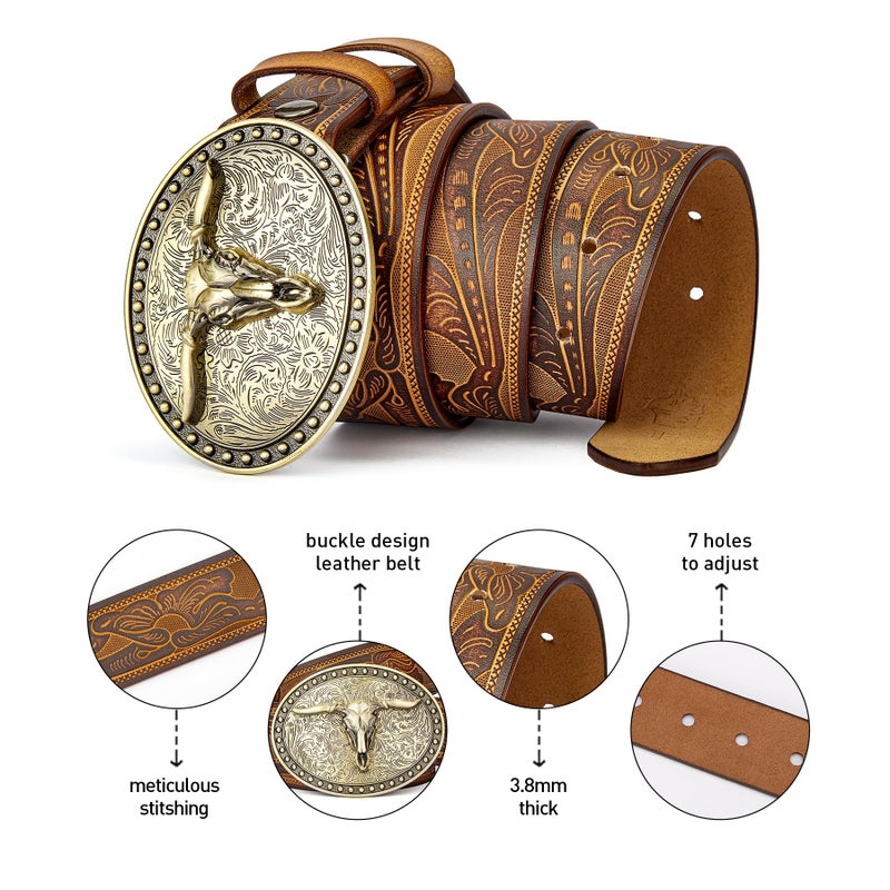 BISON DENIM Men's Western Double embossed leather belts with golden Cowboy Longhorn Bull Pattern Floral Engraved replaceable Buckle Belt - Image 3