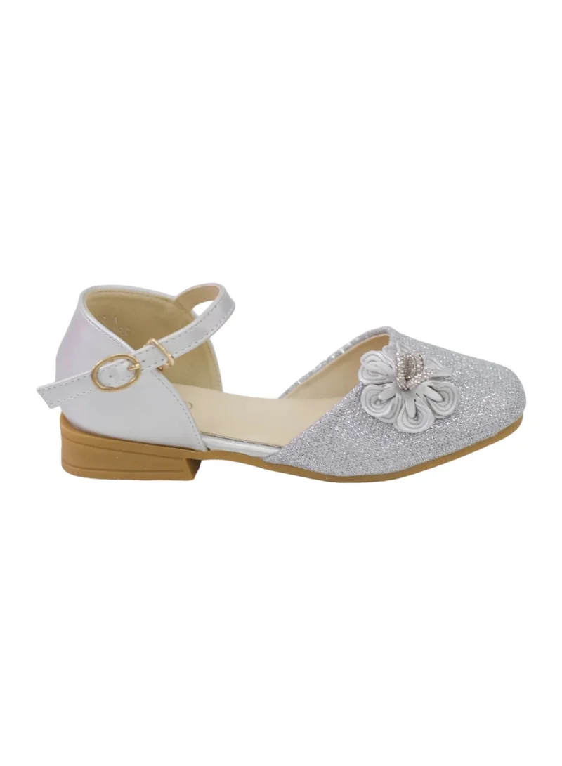 لاماراباريس ISLA GIRLS BRIDAL SHOE WITH FLOWER IN SHIMMER SILVER
