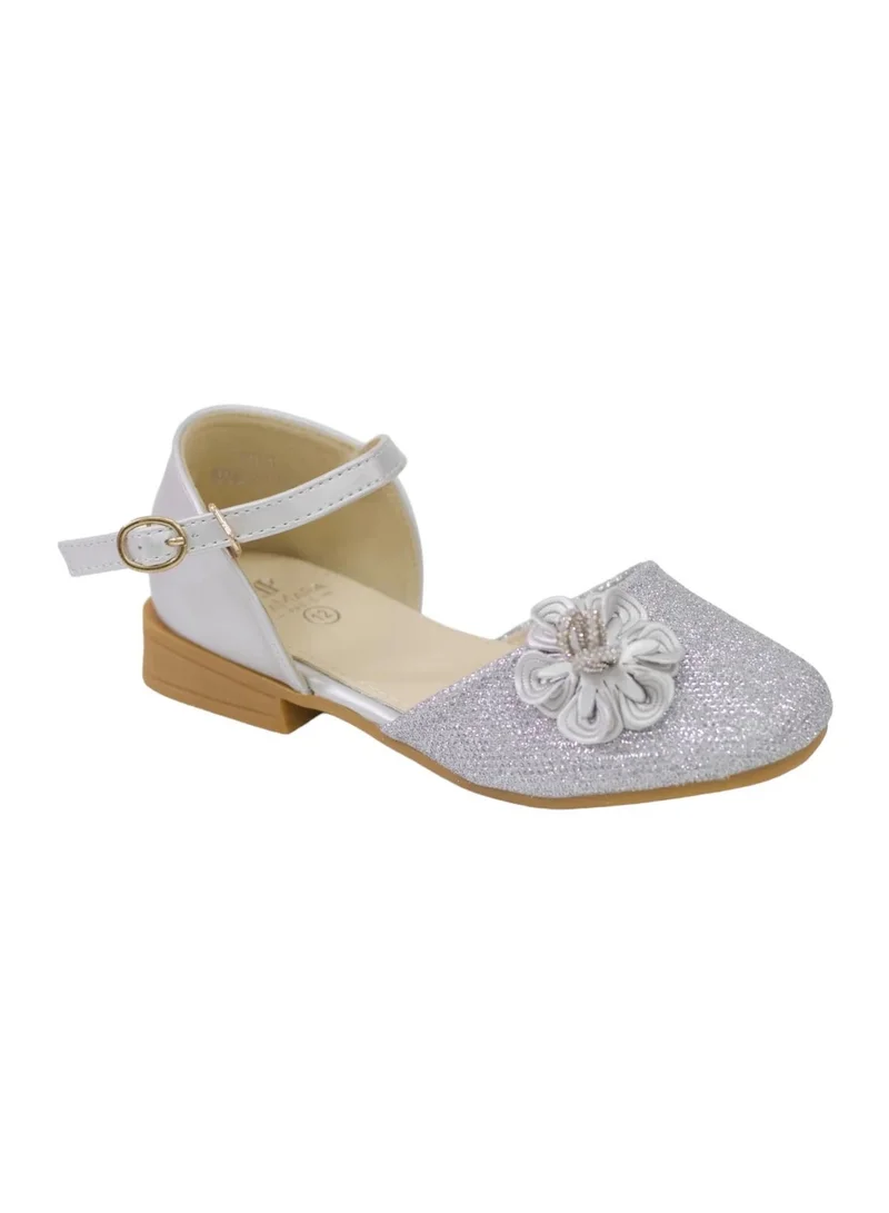 Lamaraparis ISLA GIRLS BRIDAL SHOE WITH FLOWER IN SHIMMER SILVER