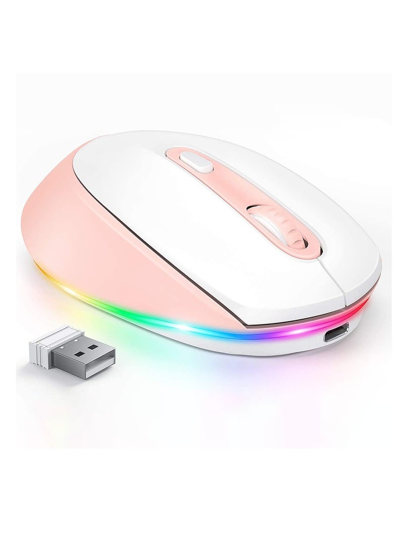 Wireless Mouse, Portable Rechargeable Light Up Mouse, Comfortable Grip Ultra Quiet Mouse, Small Cordless Gaming Mouse With LED Rainbow Lights For Computer Laptop, (1pc, White Pink) - Image 1
