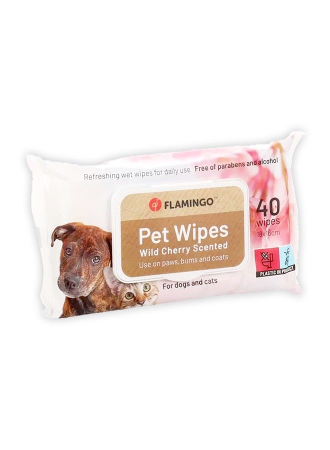 Flamingo مناديل الحيوانات الأليفة للكلاب والقطط بنكهة الكرز البري - 40 قطعة - Image 1