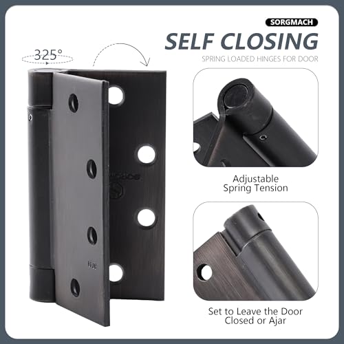 SORGMACH Self Closing Door Hinge 4-1/2 inch Oil Rubbed Bronze Auto Close Hinge Adjustable 4 ½"x 4 ½" Inch Spring Hinges Door Closer Hinge Square Corner Commercial Auto Self-Closing 3 Pieces - Image 4