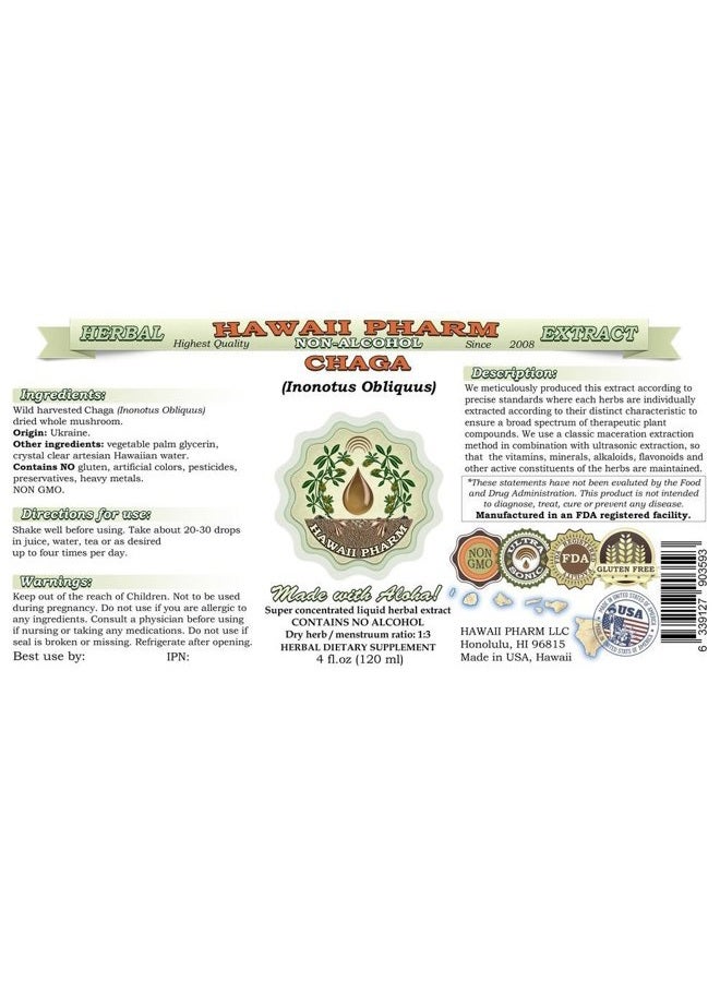 HawaiiPharm Chaga Alcohol-Free Liquid Extract, Chaga (Inonotus obliquus) Whole Mushroom Dried Glycerite Hawaii Pharm Natural Herbal Supplement 2 oz - Image 2