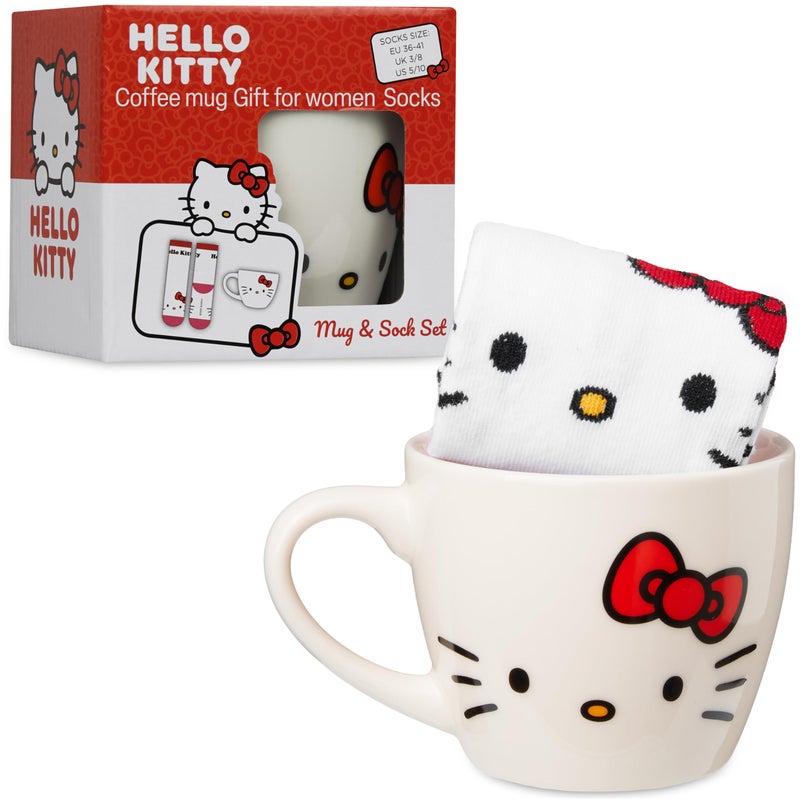 Get Trend Hello Kitty Sanrio Coffee Mug and Socks Set, 11.5 oz Ceramic Cup with Crew Socks, Kawaii Drinkware Gifts for Women (White Hello Kitty) - Image 1