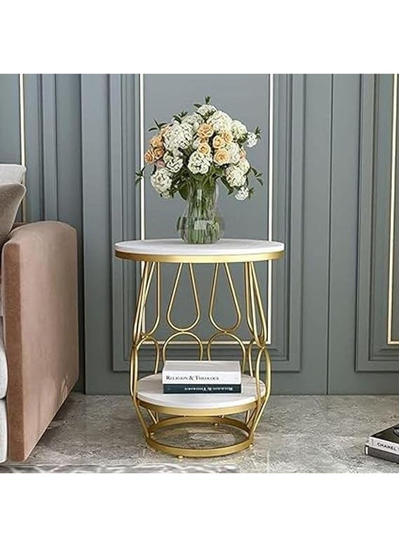 IronKaar - IronKaar Metal Coffee Table and Sturdy Round Coffee Table with Two Layers of Storage for Small Spaces Sofa End Table Snack Table Hotel CAF or nightstand Table Resaption TableGold White - Image 1