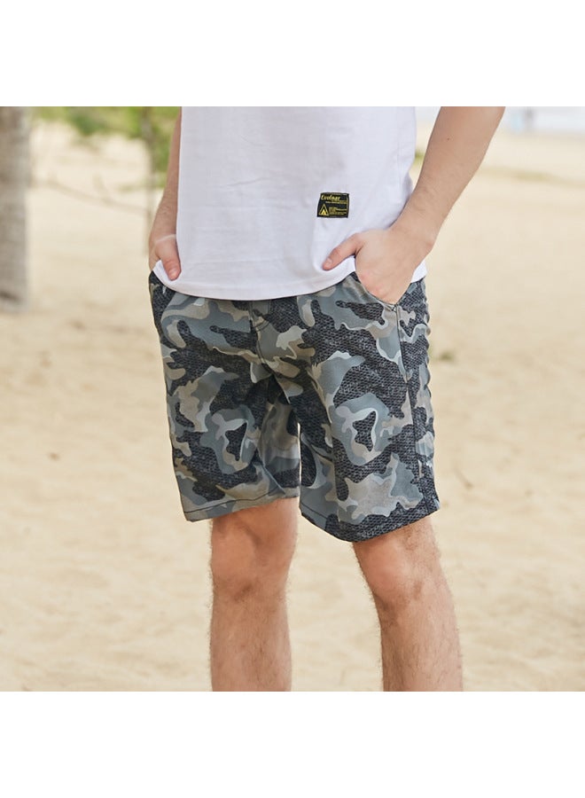 Loquat Beach Pants Men's Quick-drying Loose Half-length Pants Color-block Printed Four-sided Elastic Leisure Holiday Beach Shorts Trendy-Color:Play Green Camouflage- - Image 1